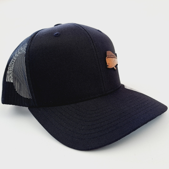 Mahi Dorado Fishing Leather Patch Trucker Mesh Snapback Black - Picture 3 of 4